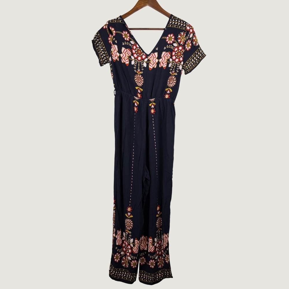 Floral Lightweight Wide Leg Jumpsuit Womens Small Navy Boho Festival Peasant